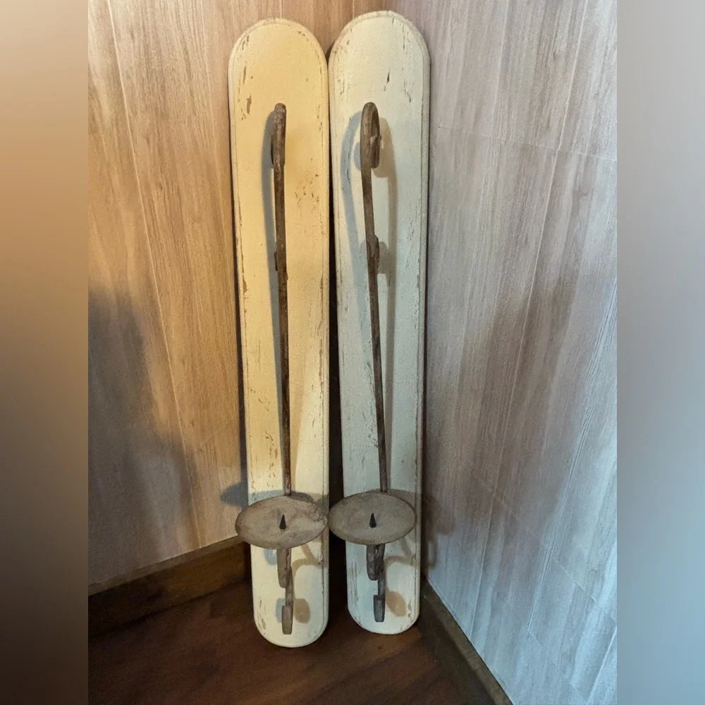 Rustic Pair of Vintage Iron Wall Candle Sconces in Distressed Cream